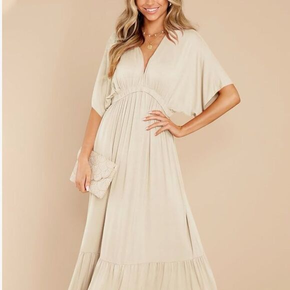 NWT Boho V Neck Short Sleeve Batwing Style Casual Loose High Waist Beach Dress - Picture 3 of 14